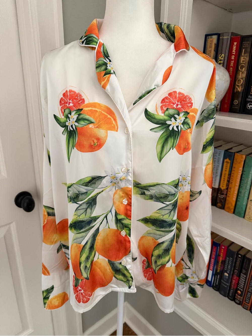 Women's White Satin Pajama Top with Orange Fruit Print